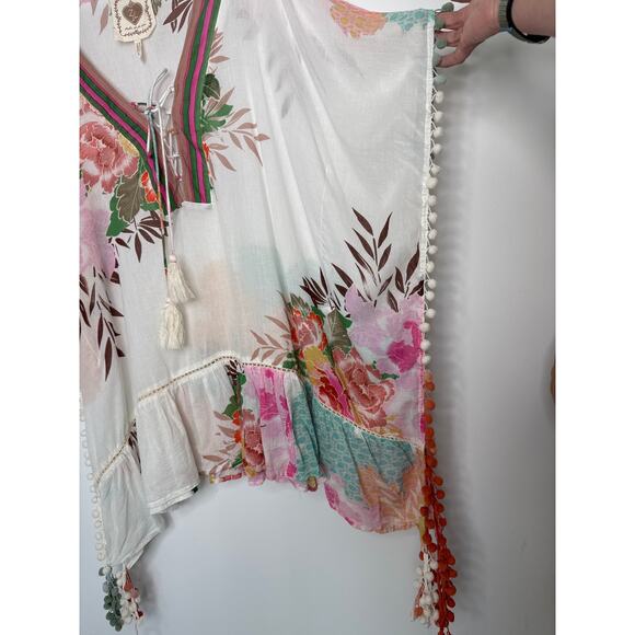 Z&L Europe Floral Print Airy  100% Cotton Pom-Pom Caftan Swim Cover Up OS - Picture 10 of 16